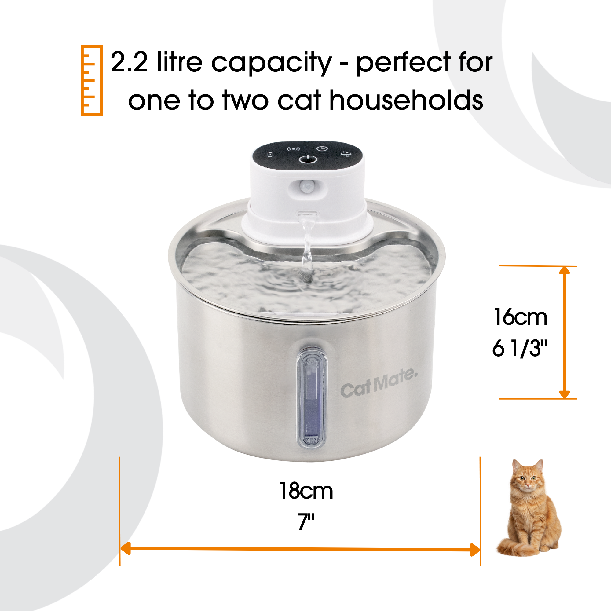 Cat Mate 2.2 Litre Stainless Steel Cordless Cat Water Fountain